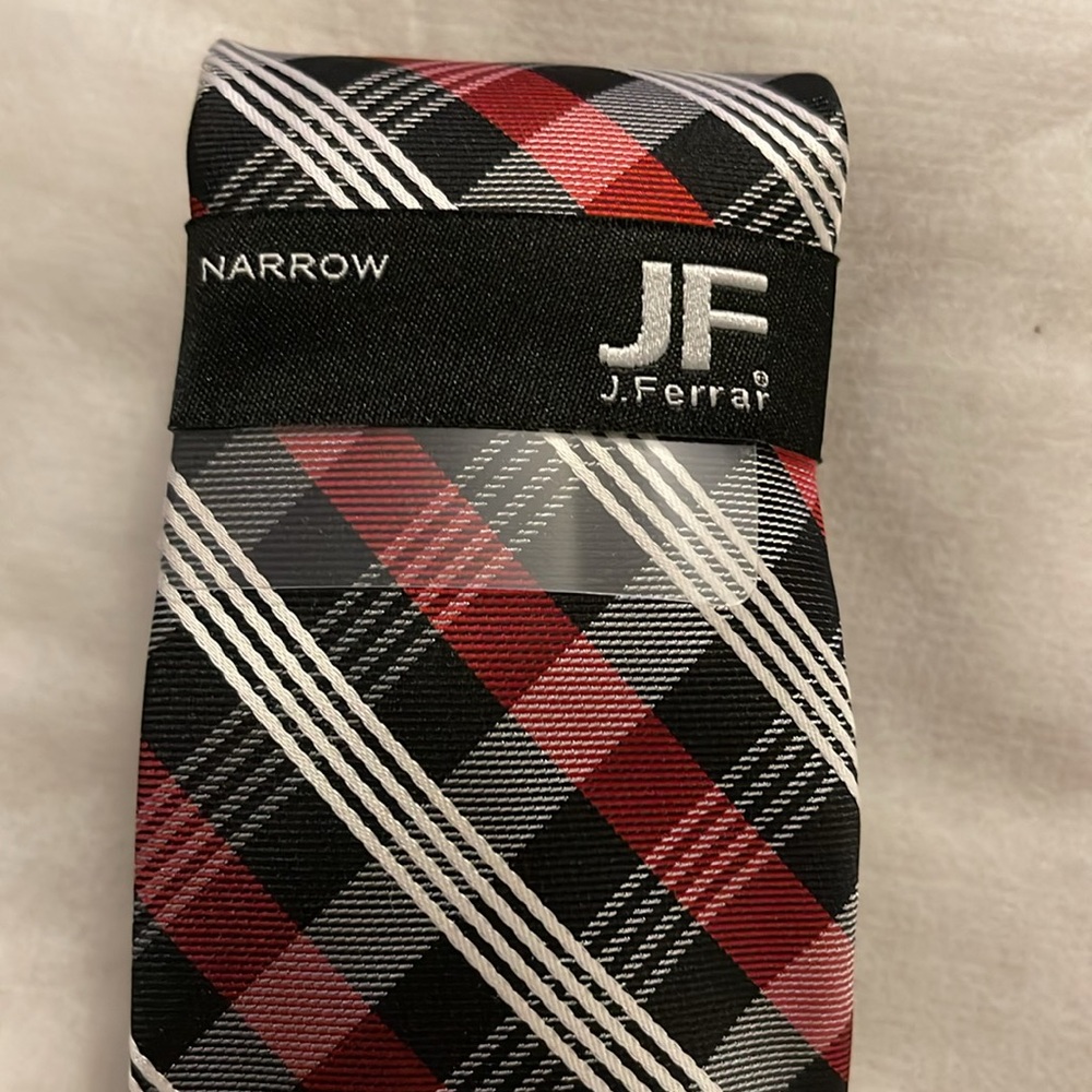NWT JF J. Ferrar Repp Stripped Plaid Tie Black, Red, White, Silver, with clip